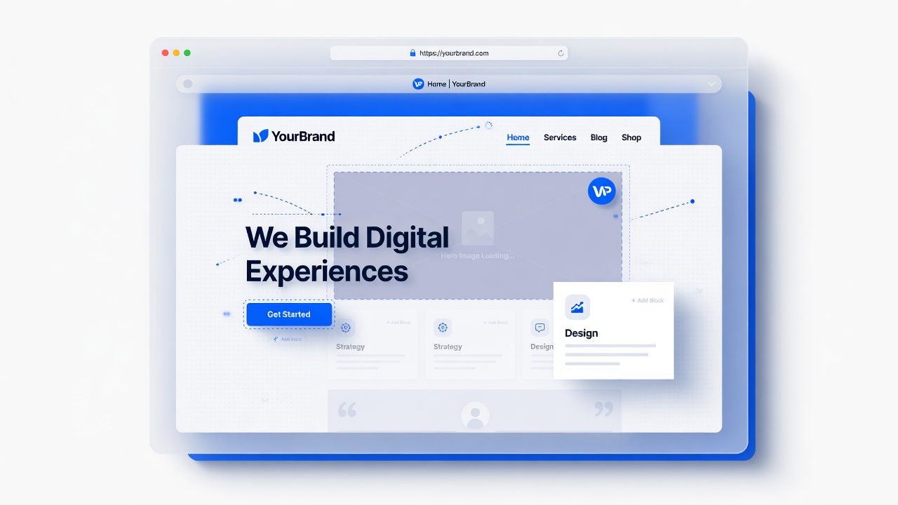 A WordPress homepage assembling itself in a frosted browser window
