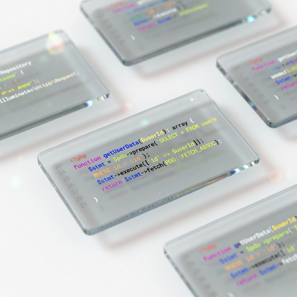 Floating glass code snippet cards with PHP syntax